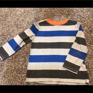old navy long sleeve gray & blue striped shirt with orange neck line